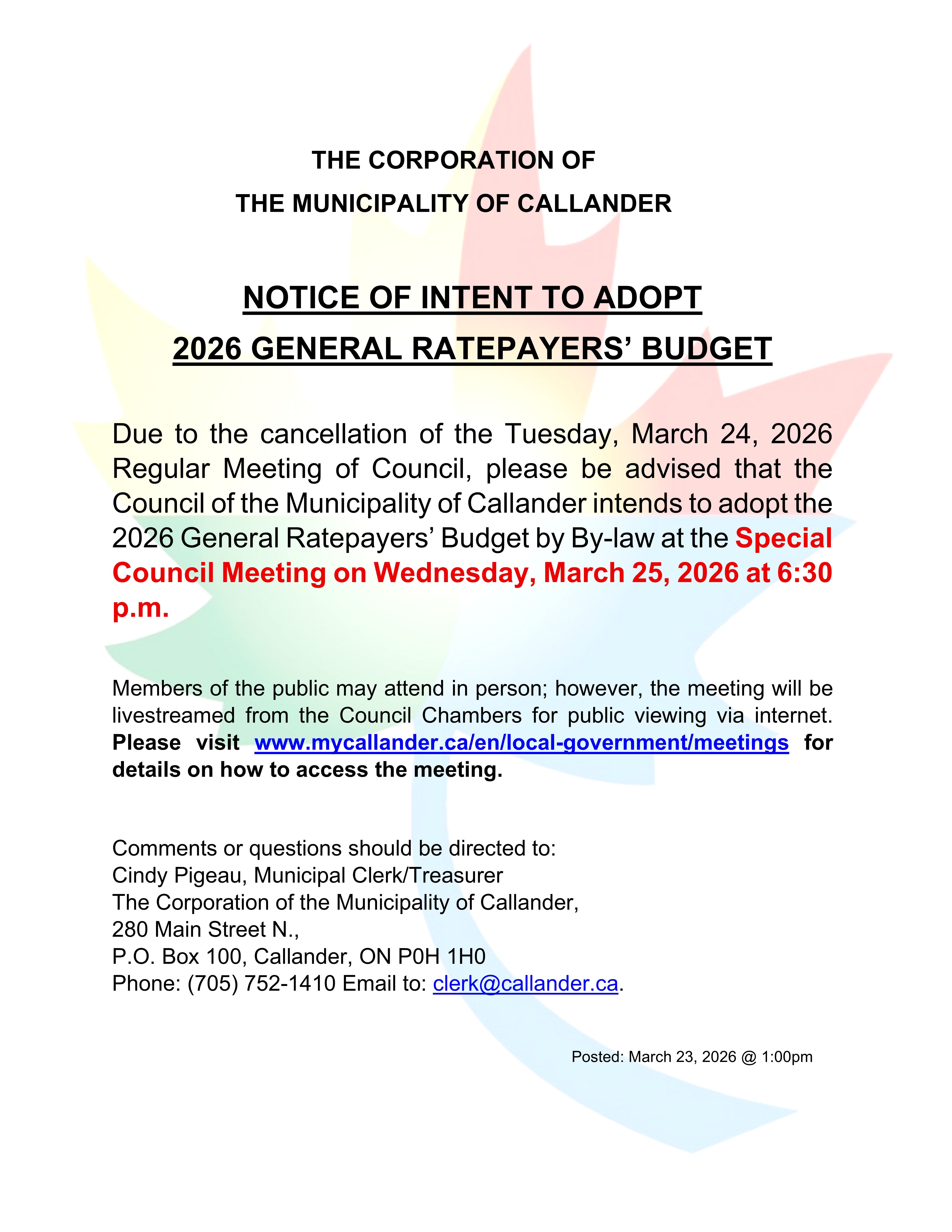 Notice: Council Will COnsider the 2026 General Ratepayers' Budget